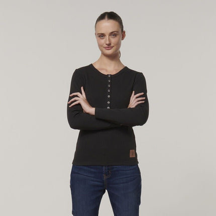 WINTER SALE Hard Yakka Womens Wafffle Knit Snap Button Long Thin Henley Y08237