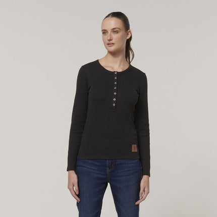 WINTER SALE Hard Yakka Womens Wafffle Knit Snap Button Long Thin Henley Y08237
