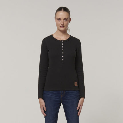 WINTER SALE Hard Yakka Womens Wafffle Knit Snap Button Long Thin Henley Y08237