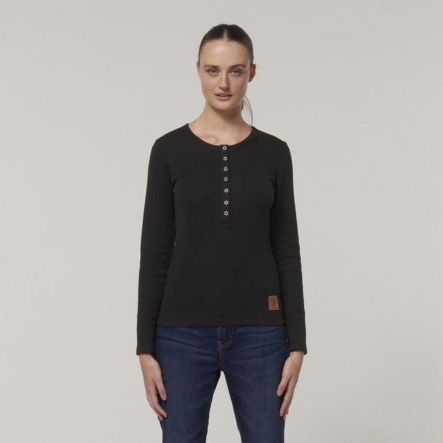 WINTER SALE Hard Yakka Womens Wafffle Knit Snap Button Long Thin Henley Y08237