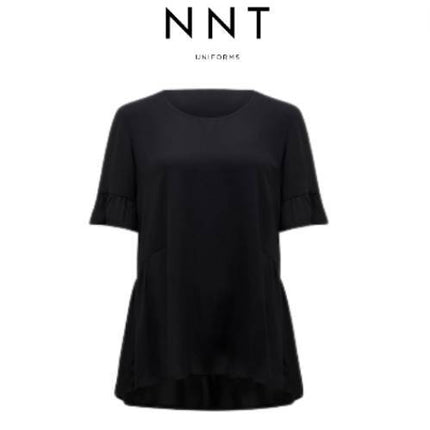 NNT Womens Short Sleeve Ruffle Sleeve Blouse Soft Georgette Black Shirt CATUA5